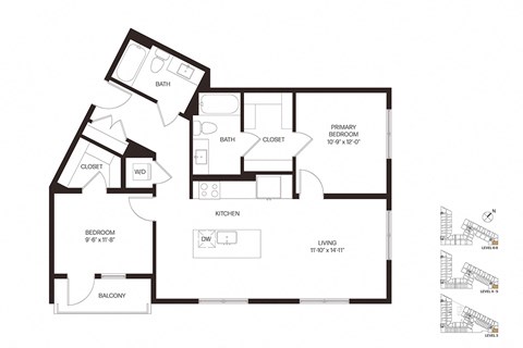 Floor plan for 2 beds, 2 baths, 1070 sqft